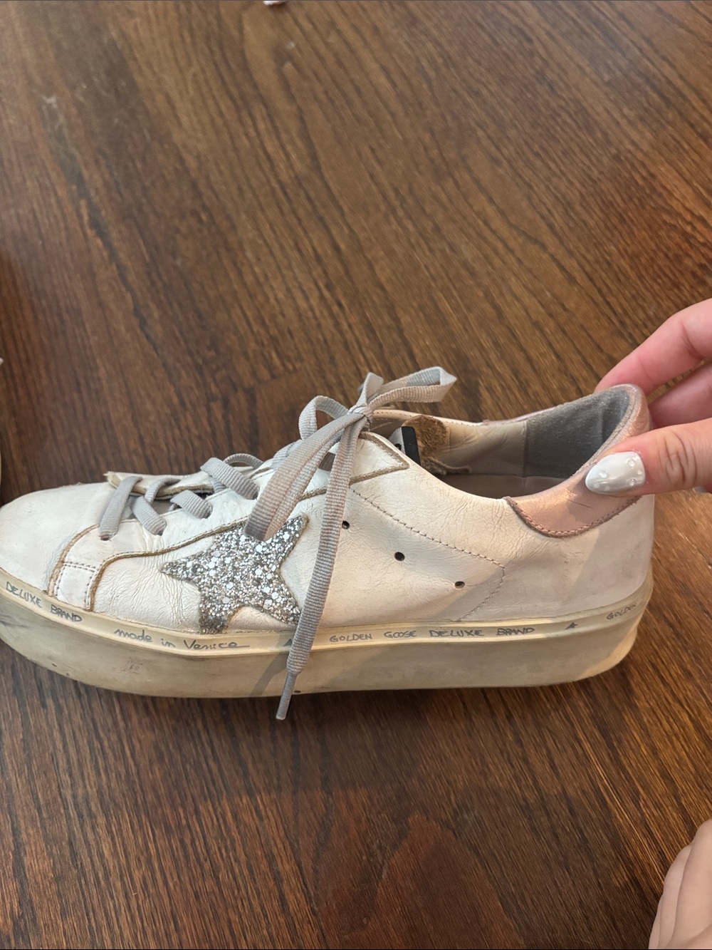 Golden Goose White/Pink Leather Low-Top Sneakers with Silver Glitter Star,